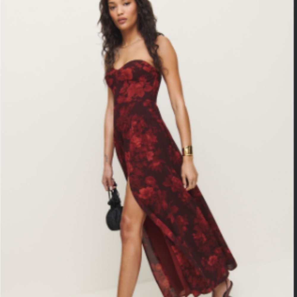 Reformation Red and Black Strapless Cocktail Gown